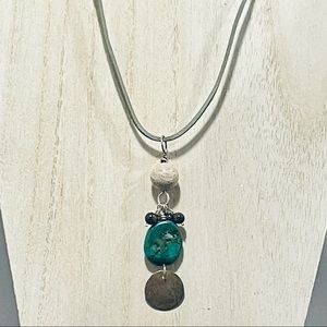 Grey Cord Necklace With Sterling Silver Genuine Turquoise Pendant